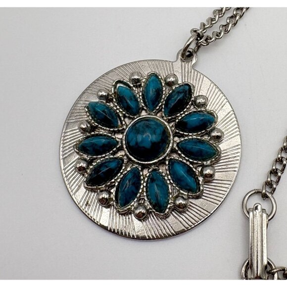 Faux Turquoise Floral Pendant Necklace Silver Tone Flower Power Southwestern - Picture 3 of 6